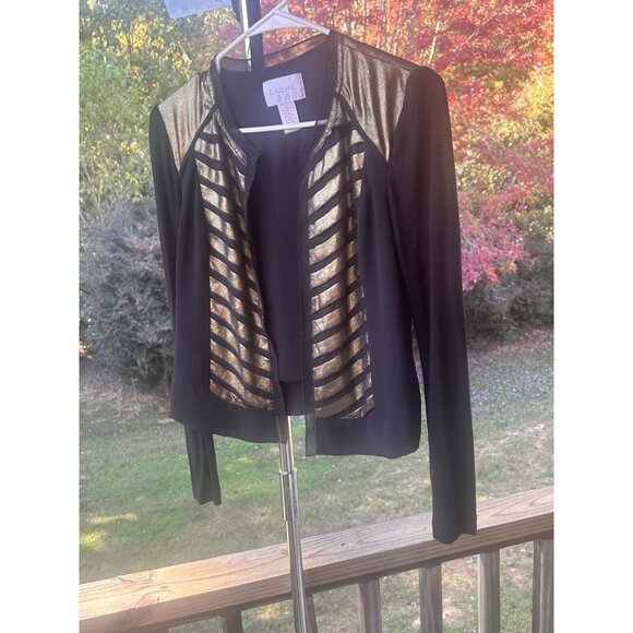 Cache Cardigan Jacket Open Front Top Black & Metallic Gold Holiday Party Size 0 - Picture 10 of 16